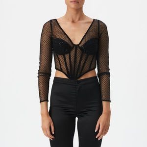 Bardot Sequin Mesh Corset Top in Black
